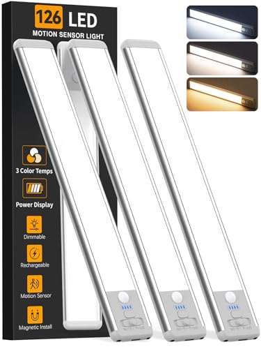 Under Cabinet Lighting Wireless, 15inch Rechargeable Motion Sensor Light Indoor, 3 Color Closet Light Battery Operated with LED Power Display, Magnetic Under Counter Lights for Kitchen, Home (3Pack) - color: Silver, size: 15inch-3pack