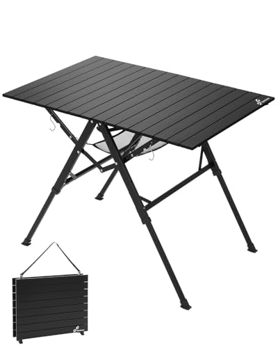 Sportneer Camping Table: 35.4"x23.6" Large Bi-Fold Portable Folding Table with Fast Open Design, 3 Adjustable Heights Aluminum Tabletop for Camping Picnics Fishing BBQs & Backyard Use - color: Black