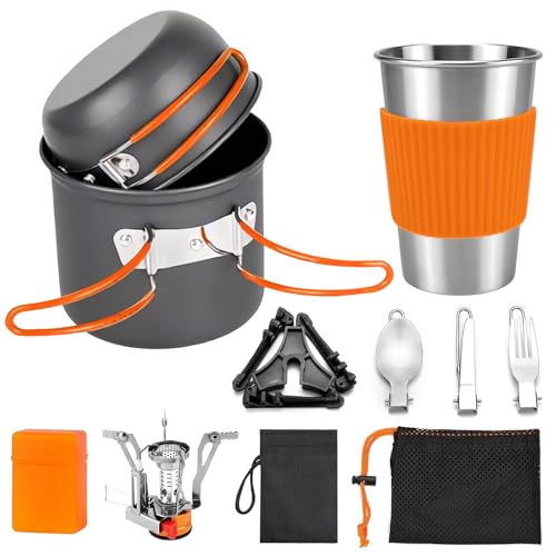aiGear 8pcs Camping Cooking Set for 1-2 People with Pot Cutlery Stove Stand | Lightweight aluminum nonstick cookware, folding handles, nesting design, portable for camping, picnic, hiking, backpacking - color: Orange
