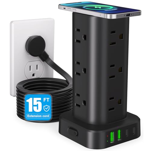 Power Strip Tower with Wireless Charger, Flat Plug Surge Protector Tower with 15FT Extension Cord, 12 AC Multiple Outlets, 4 USB (2 USB C),15W Wireless Charging Power Tower for Home Office Dorm, Black - color: Black, size: 15FT with Wireless Charging