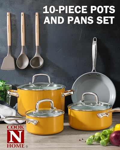 Cook N Home Classic Nonstick Cookware Set, Pots and Pans Cookware Set with Glass Lids and Comfortable Handles, Induction Compatible, 10-Piece, Yellow - color: Yellow