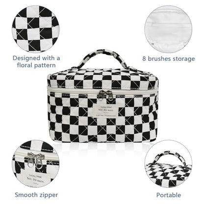 Gosect Large Makeup Bag, Cute Cosmetic Bag for Women Girls, Floral Coquette Aesthetic Toiletry Bag, Travel Make Up Organizer Bag (Black Checkered) - color: 079Black Checkered