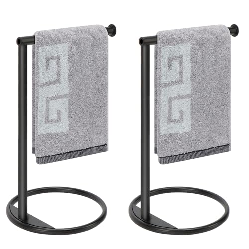 NearMoon Hand Towel Holder Stand, Thicken Metal L Shape Hand Towel Rack, Small Towel Ring, Stable Standing Towel Bar for Bathroom Kitchen Vanity Countertop, 8” L 14” H (Matte Black, 2 Pack)