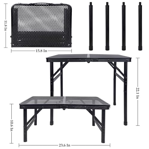 FORUP Small Folding Table, Camping Table with Mesh Desktop, Portable Picnic Table with Carry Handle, Height Adjustable Portable Grill Table for Outside Inside Use