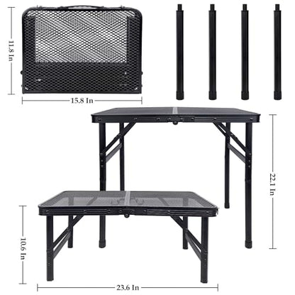 FORUP Small Folding Table, Camping Table with Mesh Desktop, Portable Picnic Table with Carry Handle, Height Adjustable Portable Grill Table for Outside Inside Use