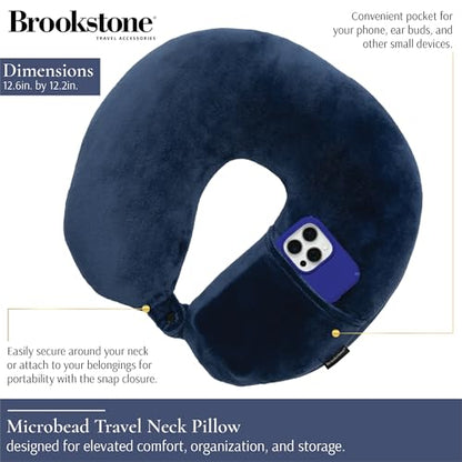 Brookstone Microbead Neck Pillow - Super Soft Cozy Lightweight Plush Travel Pillow with Phone or Headphone Pocket, Blue - color: Blue