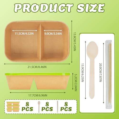 8 Pack 32oz Paper Lunch Box Bento Boxes, 2-Compartment Kraft Brown Paper Take Out Food Containers with Lids, Leakproof & Microwave Safe, Disposable To Go Boxes for Picnics, Offices, Catering, Green - color: Green Lid & Kraft Brown Box