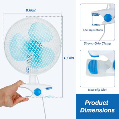TeqHome Clip-On Fan, 2 Speeds Quiet Oscillating Clip Fan, 90° Adjustable Tilt, Portable Rechargeable Personal Fan for Desk, Home, Office, Dorms, Strollers, Camping, Wall Mount