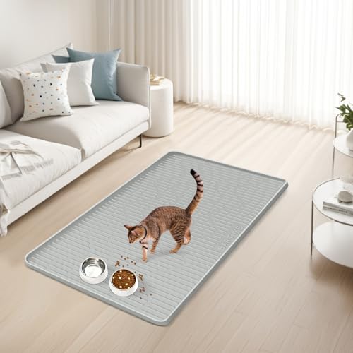 Silicone Cat & Dog Food Mat, 34" x 20" Large Pet Feeding Mat for Cats and Dogs Bowl, Pet Placemat for Food and Water with Raised Edge, Waterproof, Leakproof (Grey) - size: 34"x20"