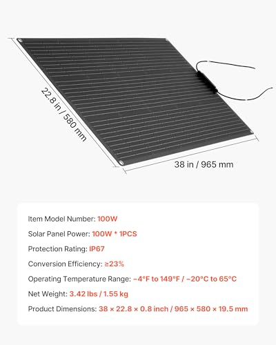 VEVOR Flexible Solar Panel, 100W Semi-Flexible Bendable Monocrystalline Solar Panel, 23% Efficiency Mono Off-Grid Charger with MC4 Output, IP67 Waterproof for Marine RV Car Cabin Curved Surfaces - size: 100W