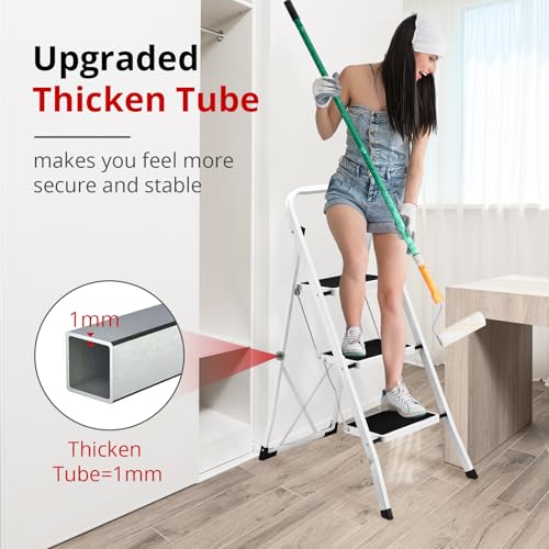 HBTower Step Ladder Folding Step Stool for Adults with Anti-Slip Pedal,330 lbs Capacity for Kitchen, Home,White - size: 3 Step Ladder