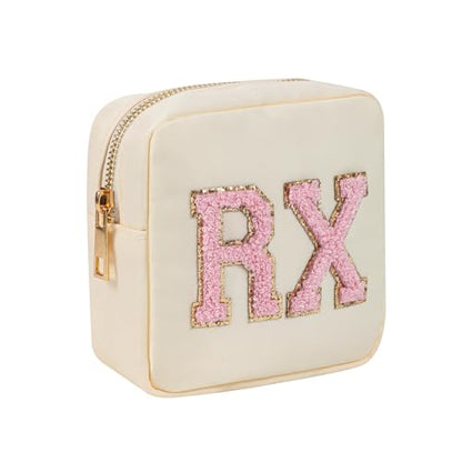 2Pcs Chenille Letter Patch Nylon Medicine Makeup Bag Set,Cute MEDS Travel Makeup Bag with Metal Zipper, First Aid Purse Organizer Cosmetic Bag for Women and Girls(Beige MEDS-RX) - color: Beige MEDS-RX