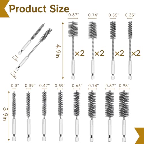 16 Pcs Stainless Steel Bore Brush Set - 5" Extended & 4" Standard Wire Brushes for Drill with 1/4" Hex Shank, Bore Cleaning Brush Set for Rust Removal, Tube, Pipe & Hole Cleaning, 5/16" to 1" Sizes