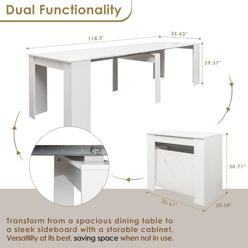 20"-118" White Marble Extendable Dining Table for 2-12 People, Modern Modular Extension Table, Space-Saving Extra Long Folding Dining Table, Multifunctional Conference Meeting Table - color: White Marble, style: 20" - 118.5" (2-12 People)