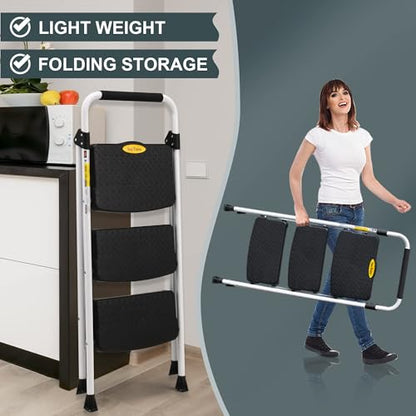 SocTone 3 Step Ladder, Folding Step Stool for Adults with Handle, Lightweight, Perfect for Kitchen& Household, 500lbs Capacity Sturdy Steel Ladder White - size: 3-Step
