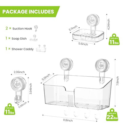 LUXEAR Shower Caddy Suction Cup, No Drilling Strong Hold Shower Organizer with Hooks & Soap Dish Fast Draining Removable Reusable Bathroom Storage Shelf Friendly for Bathroom/Kitchen/RV 22LBS Capacity - color: Clear
