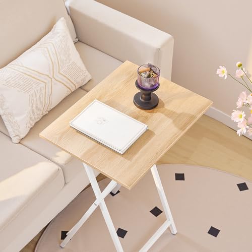 HOOBRO Folding TV Tray Tables, Set of 4 TV Trays with Storage Rack, Industrial Side Table for Eating at Couch, Foldable Snack Table for Small Space, Easy Assembly, Natural and White, WN50BZ01 - color: Natural + White