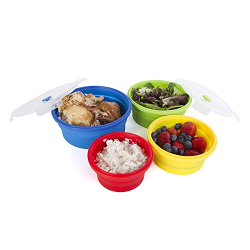 Thin Bins Collapsible Containers Set of 4 Round Silicone Food Storage Containers BPA Free, Microwave, Dishwasher and Freezer Safe - No more cluttered container cabinet! SC-149A - size: Round - Assorted Sizes - Set of 4