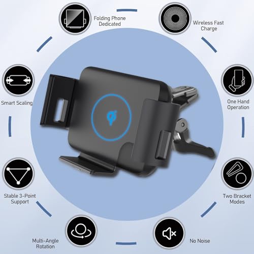 15W Qi Wireless Car Charger Mount Holder Compatible for Samsung Galaxy Z Fold7 Fold6 Fold5 Fold4 Fold3 Fold2 Fold 4.3in-6.9in Phone Auto Clamp Fast Charger