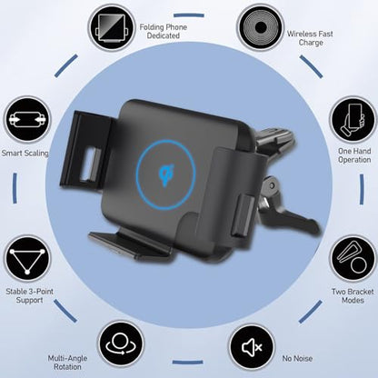 15W Qi Wireless Car Charger Mount Holder Compatible for Samsung Galaxy Z Fold7 Fold6 Fold5 Fold4 Fold3 Fold2 Fold 4.3in-6.9in Phone Auto Clamp Fast Charger