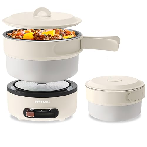 HYTRIC Electric Cooker, 2L Portable Electric Cooker with Foldable Handle, Non-Stick Electric Cooker with Dual Power Control for Camp, Dorm, Multi-Function Ramen Cooker for Oatmeal, Steak, Pasta,