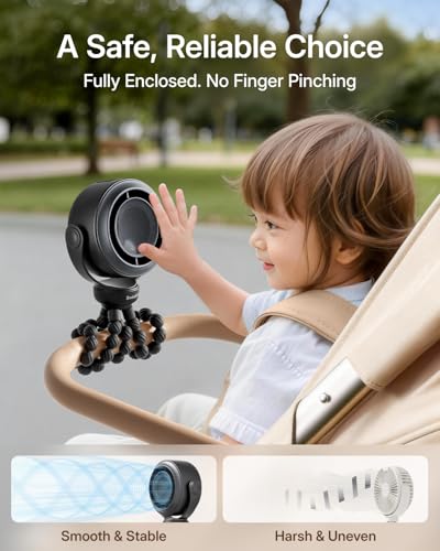 SWEETFULL Portable Stroller Fan, Pinch-Proof Baby Fan, 5-Speed Quiet Mini Clip on Fan, USB-C Rechargeable Battery, LED Display for Car Seat, Crib & Travel - Black - color: Black