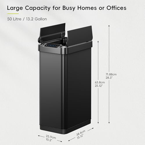 EKO Phantom-T 13.2 Gallon/ 50L Automatic Sensor Kitchen Trash Can, Slim Stainless Steel Touchless Garbage Bin with Soft-Close Dual Wing Lid for Home & Office, Matte Black - size: Phantom 50L - Matte Black