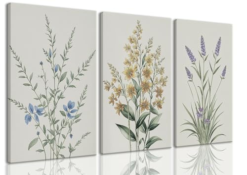 TUEASKY 3 Piece Canvas Wall Art Wildflower Wall Decor Botanical Pictures Floral Paintings Watercolor Prints Minimalist Artwork for Bedroom Bathroom Living Room - color: Botanical, size: 16x24in