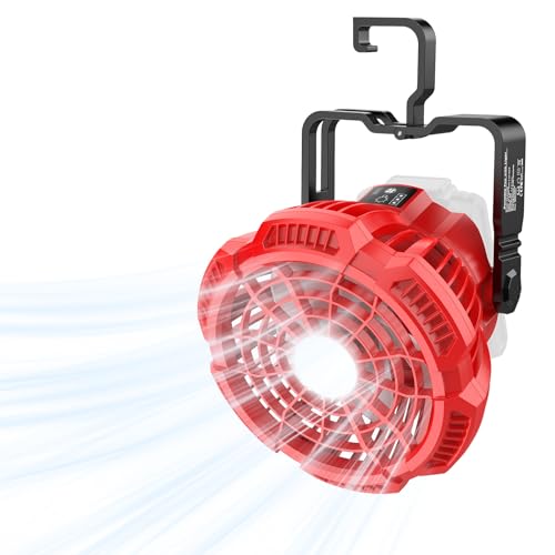 Portable Fan for Milwaukee 18V Battery, Brushless 3-Speed Desk Fan with LED Light, 3300 RPM, 180° Rotating Hook, Camping Fan for Hiking, Jobsite, Tents (No Battery) - color: Red
