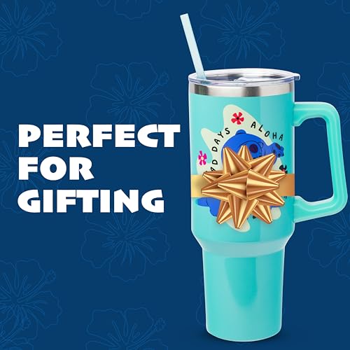 Silver Buffalo Disney Lilo and Stitch Aloha No Bad Days Chillin’ Double Walled Stainless Steel Tumbler with Handle and Straw, Fits in Standard Cup Holder, 40 Ounces - color: Disney Lilo and Stitch Chillin