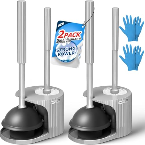 FORASTO 2Pack 2 in 1 Toilet Brush and Plunger Set,Clean Gloves, Extended Handle Plunger，Toilet Bowl Brush Plunger Set,Bathroom Cleaning Tools,Toilet Brush Plunger Combo,Cleaning Brush(Charcoal Gray) - color: Charcoal Gray