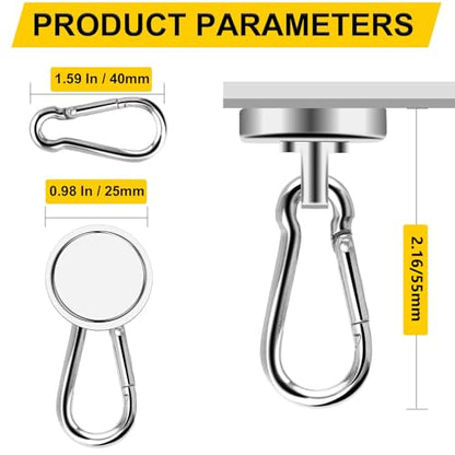DIYMAG 70LBS Magnetic Hooks,6 Pack Heavy Duty Neodymium Magnetics with Swivel Carabiner Hook,Great for Your Refrigerator and Other Magnetism Surfaces - size: 0.98in