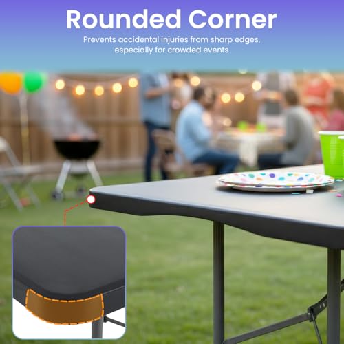 FDW 6FT Folding Table, Portable Fold-in-Half Plastic Picnic Party Table with Carrying Handle （Black, 6FT） - color: Black, size: 6 FT 70"x29"