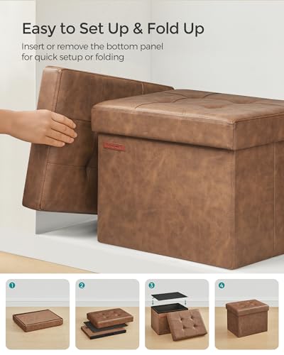 SONGMICS Small Folding Storage Ottoman, Foot Rest Stool, Cube Footrest, Synthetic Leather, 12.2 x 16.1 x 12.2 Inches, 286 lb Capacity, for Living Room, Bedroom, Dorm, Coffee Brown ULSF100K01 - color: Coffee Brown, style: Synthetic Leather