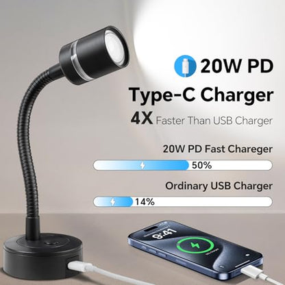 acegoo 12V LED Reading Light, RV Dimmable Reading Lamp with 20W USB-C Charger Red Nightlight & Steel Flexible Neck Light for Boat Camper Van Trailer Interior, Surface Mount, 2-Pack (Standard)