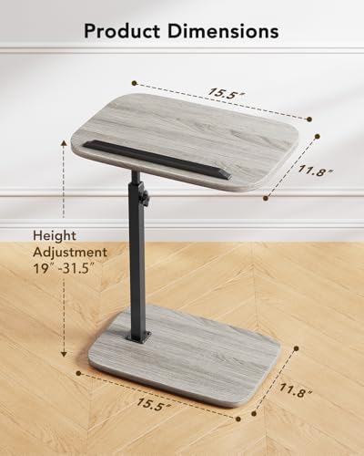 HUANUO TV Tray Table，Adjustable Height TV Tray with 360° Swivel & 90° Tilt, Sturdy Side Table with Anti-Slip Bar for Laptop, Eating, Space-Saving Side Table for Couch, Bedside, Living Room - color: Grey