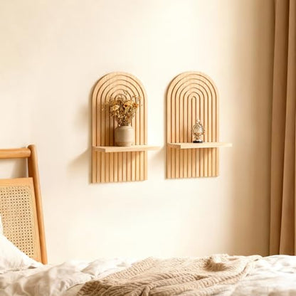 2pcs Boho Wall Candle Sconces Boho Wall Decor Rustic Farmhouse Wooden WallMount Candle Holders Wood Bohemian Decor Floating Shelves Arched Wooden Hanging Shelves for Bedroom Living Room Bathroom Home