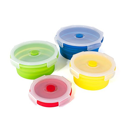Thin Bins Collapsible Containers Set of 4 Round Silicone Food Storage Containers BPA Free, Microwave, Dishwasher and Freezer Safe - No more cluttered container cabinet! SC-149A - size: Round - Assorted Sizes - Set of 4