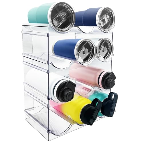 Spaclear 4 Pack Water Bottle Organizer, Stackable Kitchen Pantry Organization and Storage Shelf, Plastic Bottle Holder for Fridge Kitchen Cabinet Organizer and Storage, Tumbler Mug Cup Organizer - size: 12 Bottles