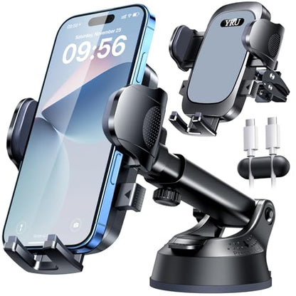YRU [True Upgrade for Safety] Car Phone Holder Mount [Patent & Military-Grade] Dashboard Cell Phone Holder for Car Vent Windshield Phone Stand for iPhone 17 16 15 14 13 Pro Max Truck Samsung (Grey) - color: Grey