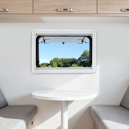 RV Push Out Window with Screen and Privacy Shade, 75x50cm, Black Aluminum Alloy Frame, Tempered Glass, 65° Opening Angle for Camper Van Trailer Motorhome