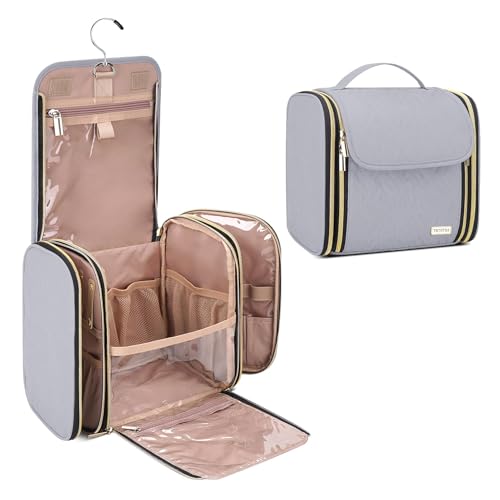 Hanging Toiletry Bag & Makeup Bag for Women with Jewelry Organizer - TSA Approved Large Capacity Travel Cosmetic Organizer, Waterproof Shower Essentials Case with Transparent Pockets - color: Grey, style: Minimalist