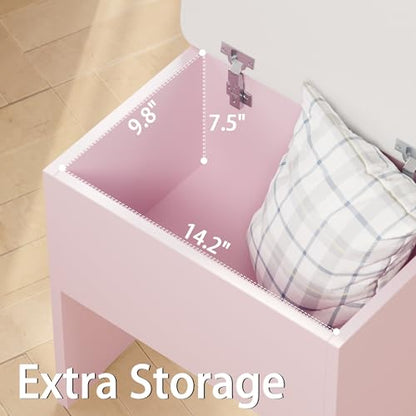 LIKIMIO Small Makeup Vanity Desk with Mirror and Lights, Vanity Table Set with Storage Drawer, Chair and Three Shelves, Bedroom, Pink - color: Pink