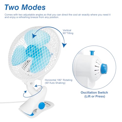 TeqHome Clip-On Fan, 2 Speeds Quiet Oscillating Clip Fan, 90° Adjustable Tilt, Portable Rechargeable Personal Fan for Desk, Home, Office, Dorms, Strollers, Camping, Wall Mount