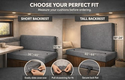 RV Dinette Cushion Covers – Short Backrest (12–16”H x 36–40”L) – 4-Piece RV Booth Seat Cover Set – No-Slip Drawstring Cord-Lock Fit – Washable, Modern Replacement Covers
