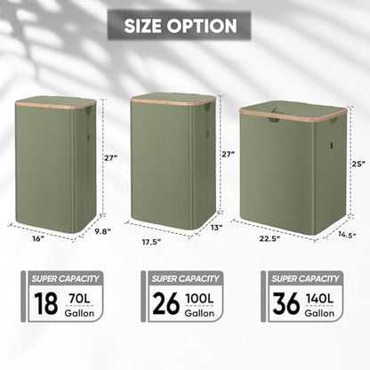 BALEINE Laundry Hamper with Lid, Tall Laundry Baskets with Bamboo Pull Handles, Large Laundry Bin with Internal Support (18 Gal/70L, Green) - color: Green, size: 70 liters