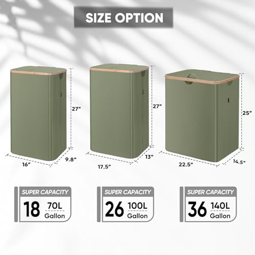 BALEINE Laundry Hamper with Lid, Tall Laundry Baskets with Bamboo Pull Handles, Large Laundry Bin with Internal Support (26 Gal/100L, Green) - color: Green, size: 100 liters