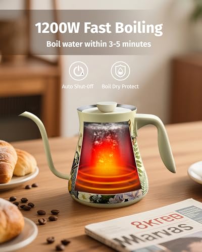 INFOOD 0.8L Gooseneck Electric Kettle, Precise Temperature Control for Pour Over Coffee & Tea, 1200W Fast Boiling Water, Auto Shut Off, Scheduling, Stainless Steel, Floral Painted Design - color: Floral