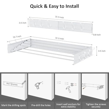 Laundry Drying Rack, Collapsible Wall Mounted Clothes Drying Rack - Foldable,Space Saving, 13.2 Linear Ft, 5 Aluminum Rods, 60 lb Capacity (White, 31.5" Wide) - size: 31.5"