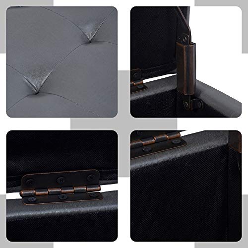 H&B Luxuries Tufted Leather Square Flip Top Storage Ottoman Cube Foot Rest (Grey with Storage) - color: Grey With Storage